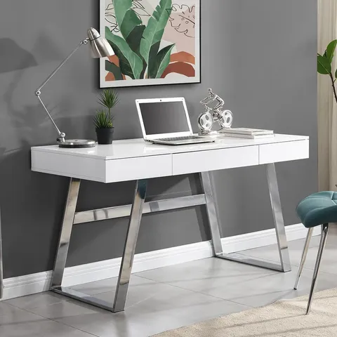 BOXED ASPEN WOODEN LAPTOP DESK WITH 3 DRAWERS IN MATT WHITE (1 BOX)