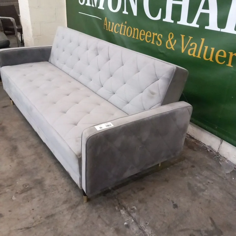 DESIGNERN SILVER VELVET EFFECT FABRIC CLICK CLACK SOFABED AND PIPING TO THE ARMS