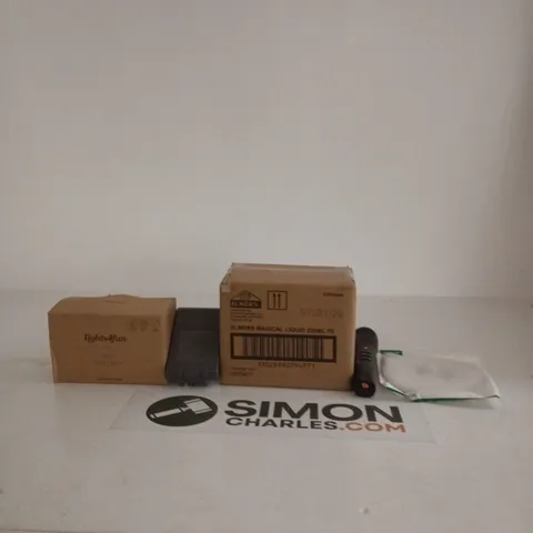 BOX OF APPROXIMATELY 10 ASSORTED ITEMS INCLUDING ELMERS GLUE STICKS, A VTECH MICROPHONE AND A REPLACEMENT LI-ION TOOL BATTERY