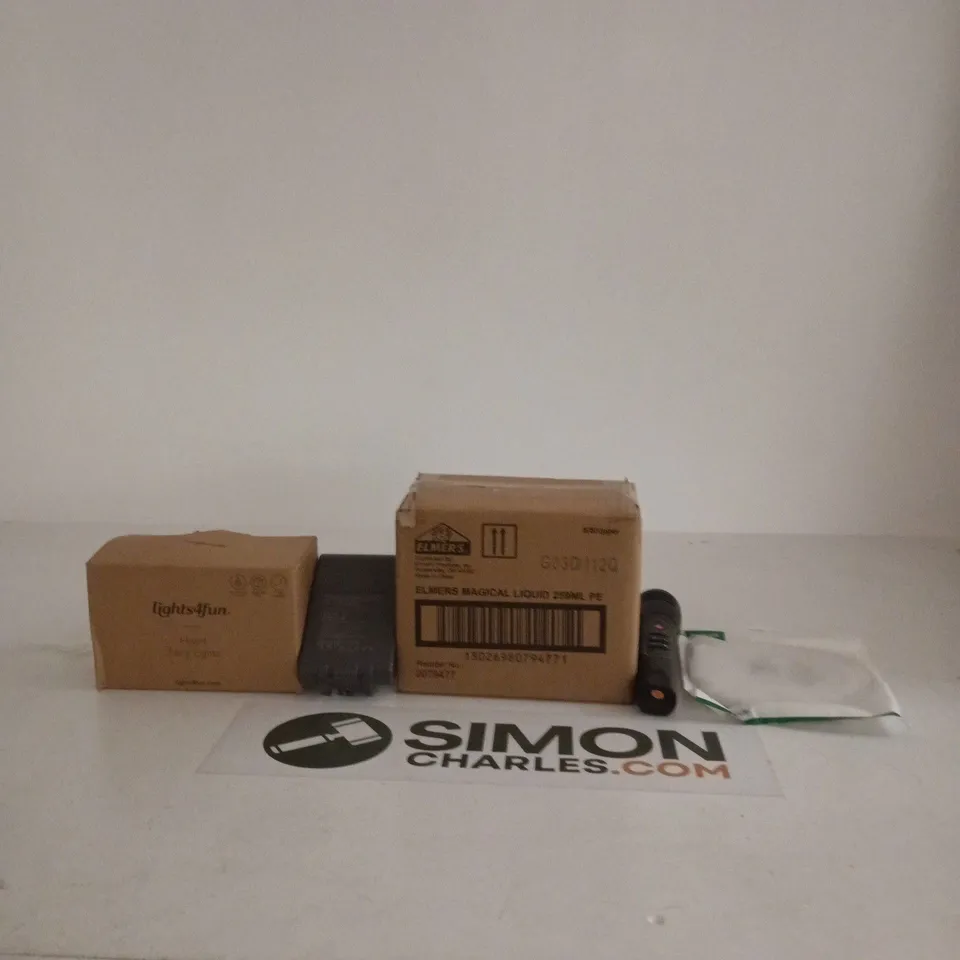 BOX OF APPROXIMATELY 10 ASSORTED ITEMS INCLUDING ELMERS GLUE STICKS, A VTECH MICROPHONE AND A REPLACEMENT LI-ION TOOL BATTERY