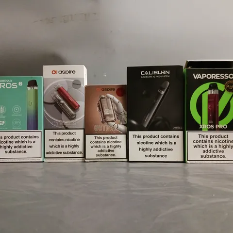 BOX OF APPROXIMATELY 18 ASSORTED E-CIGARETTES TO INCLUDE - ASPIRE , UWELL , VAPORESSO ETC