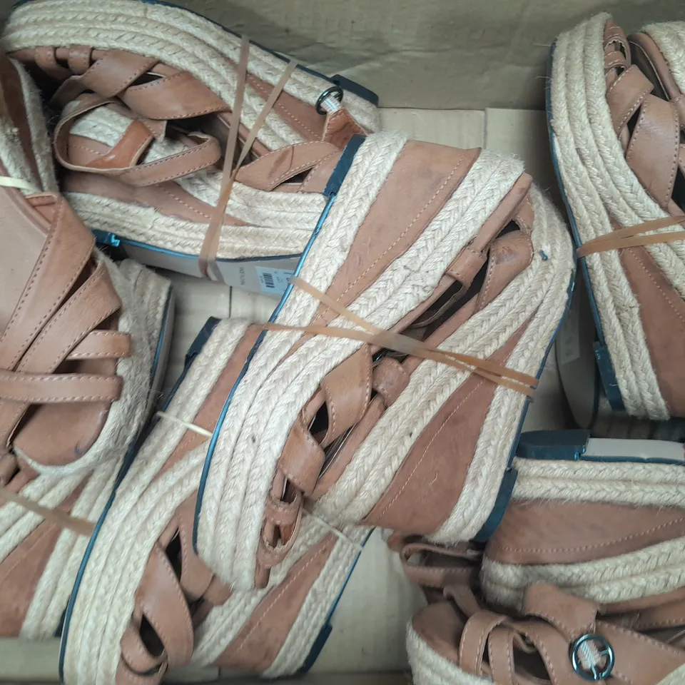 BOX OF APPROXIMATELY 10 PAIRS OF GENERATION OPEN TOE WEDGE SANDALS IN TAN - VARIOUS SIZES