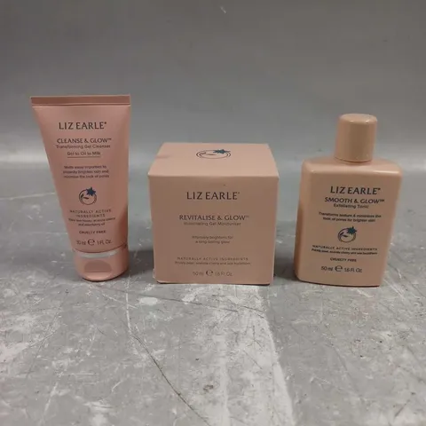 LIZ EARLE LOT OF 3 ASSORTED SKINCARE PRODUCTS TO INCLUDE - ILLUMINATING GEL MOISTURISER - EXFOLIATING TONIC - TRANSFORMING GEL CLEANSER