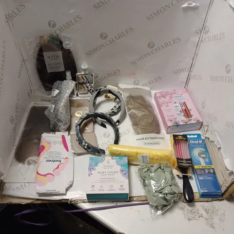 BOX OF APPROX 10 ASSORTED HEALTH AND BEAUTY ITEMS TO INCLUDE - ORAL B PRECISION CLEAN, SILKY LOCKS HAIR LOCKS AND HAIR EXTENSIONS ETC