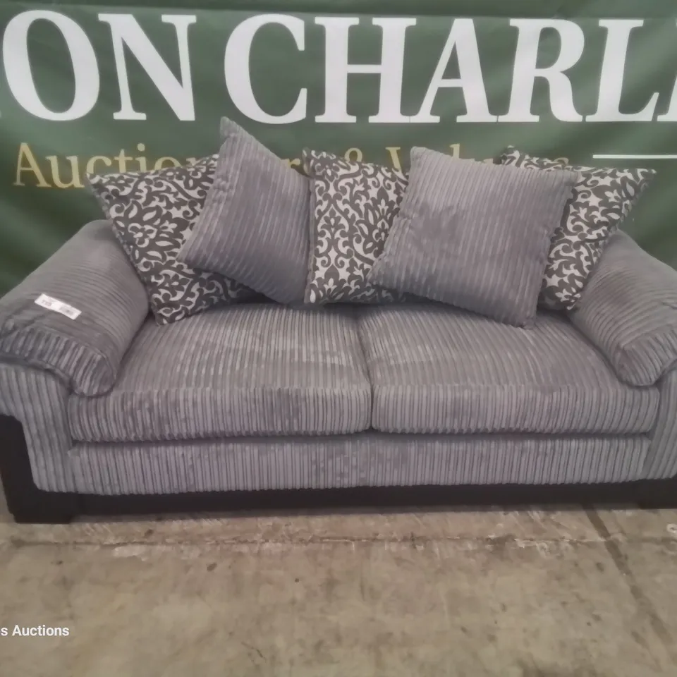 DESIGNER THREE SEATER SOFA WITH SCATTER CUSHIONS BLACK FAUX LEATHER & GREY JUMBO CHORD