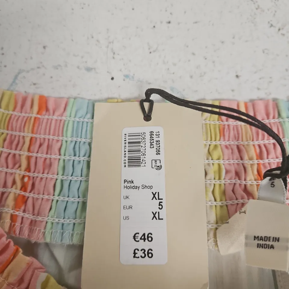 RIVER ISLAND WOMENS PASTEL RAINBOW STRIPE SKIRT – SMOCKED WAIST, PINK TRIM, UK XL