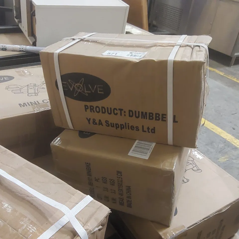 PALLET CONTAINING A LARGE QUANTITY OF ASSORTED EXERCISE EQUIPMENT INCLUDING: DUMBELLS, STEPPERS