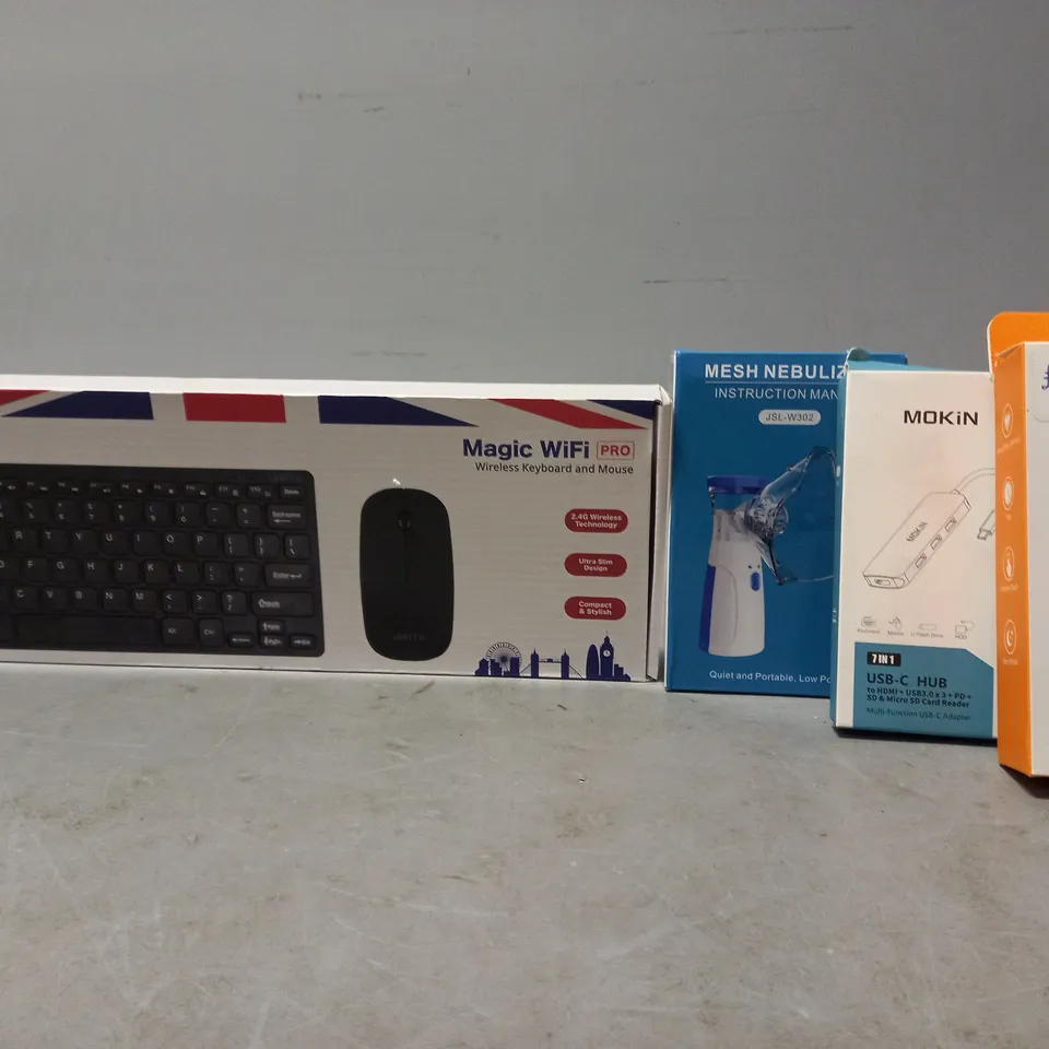 BOX OF APPROXIMATELY 15 ASSORTED ITEMS TO INCLUDE - IBRIT WIRELESS KEYBOARD & MOUSE , SMART BAND , MOKIN USB-C HUB ETC