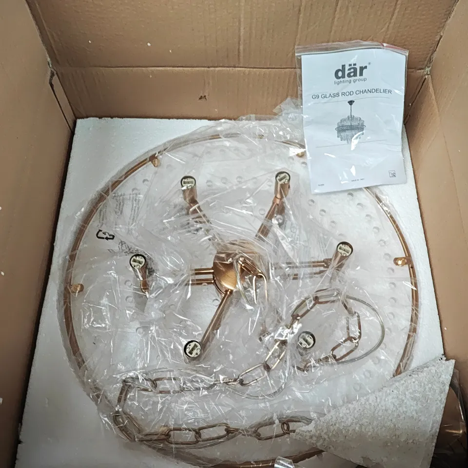 BOXED DAR LUKAS 13-LIGHT PENDANT LIGHT IN BRUSHED ANTIQUE GOLD AND CLEAR GLASS