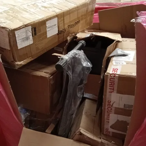 PALLET OF ASSORTED HOUSEHOLD GOODS AND PRODUCTS TO INCLUDE; BABY PLAYPEN, IRONING BOARD, KITCHEN APPLIANCE ETC