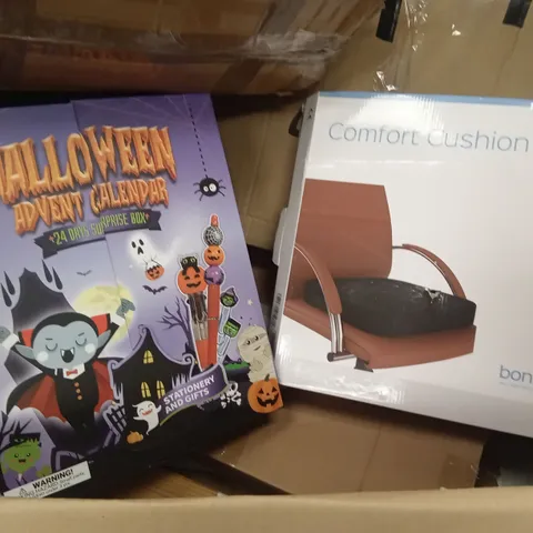 PALLET OF ASSORTED HOUSEHOLD GOODS AND PRODUCTS TO INCLUDE; HALLOWEEN SURPRISE BOX, COMFORT SEAT CUSHION ETC