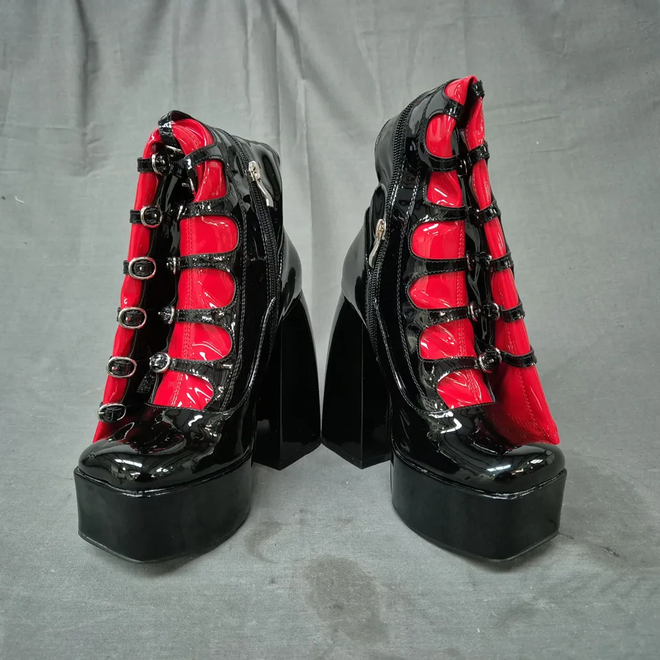 BOXED PAIR OF KOI RITUAL STATE PATENT LONG BOOTS IN BLACK/RED UK SIZE 3