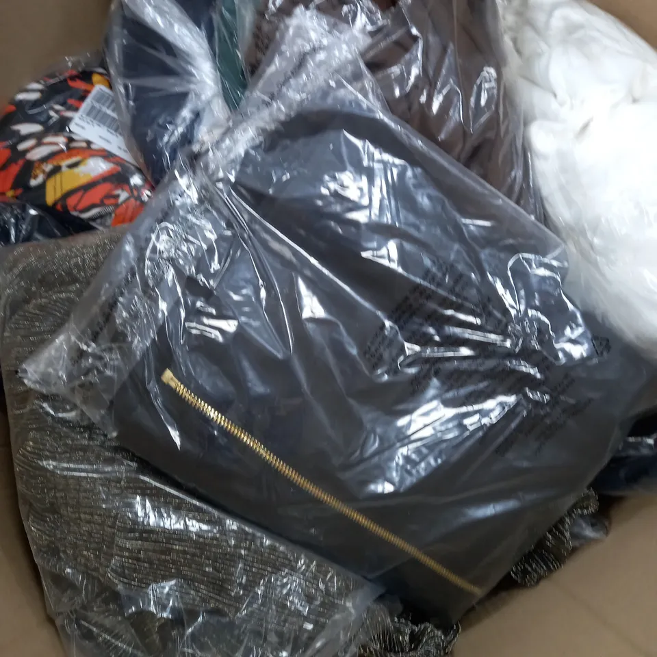 BOX OF APPROXIMATELY 15 ASSORTED CLOTHING ITEMS TO INCLUDE WHITE COAT, BROWN PANTS, BLACK TOP ETC