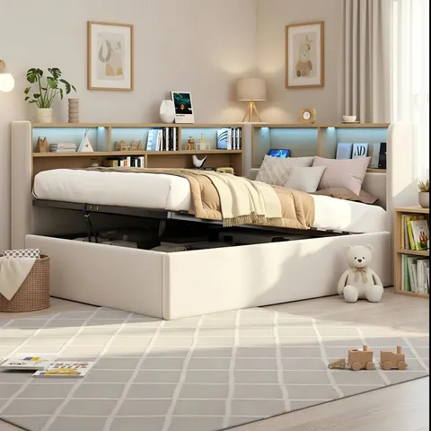 BOXED 3ft DAYBED OTTOMAN BED WITH LED, USB AND BOOKCASE - BEIGE (3 BOXES)