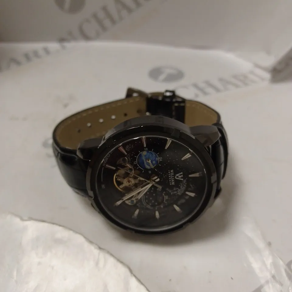 MENS WILLIAM JOURDAIN AUTOMATIC 2580 WATCH – OPEN HEART MOVEMENT WITH SUB DIALS – GLASS EXHIBITION BACK CASE – BLACK GENUINE LEATHER STRAP