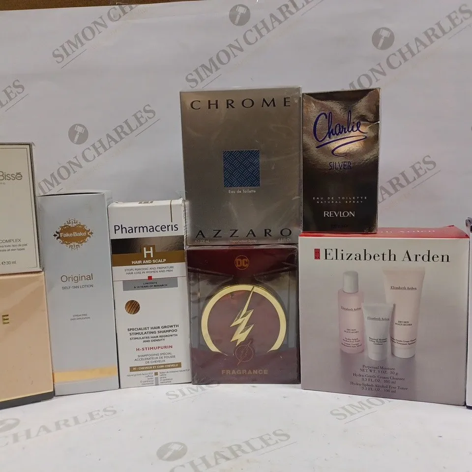 BOX OF APPROX 10 ASSORTED BEAUTY PRODUCTS TO INCLUDE ELEMIS FACIAL WASH, FAKEBAKE SELF-TAN LOTION, CHARLIE SILVER EAU DE TOILETTE, ETC 