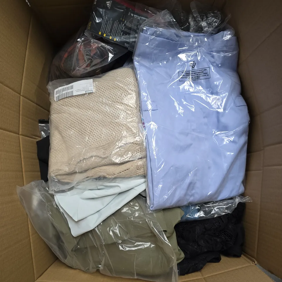 LARGE BOX OF APPROXIMATELY 20 ASSORTED CLOTHING ITEMS IN VARIOUS SIZES, STYLES AND COLOURS