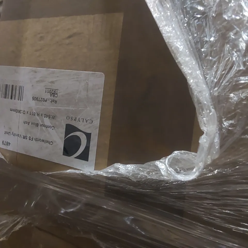 PALLET CONTAINING VERY LARGE QUANTITY OF CALYPSO BASINS AND OTHER ASSORTED BATHROOM FURNITURE PARTS