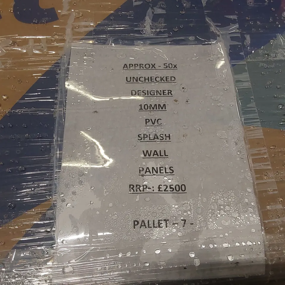 PALLET CONTAINING APPROXIMATELY 50x UNCHECKED DESIGNER 10MM PVC SPLASH WALL PANELS