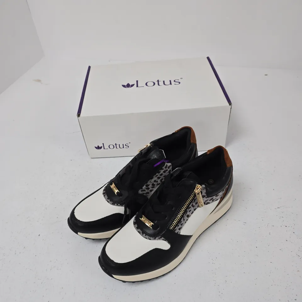 LOTUS WOMEN'S SNEAKERS BLACK/WHITE LEOPARD PRINT WITH GOLD ZIP – EU39 (UK 6.5)