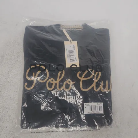 BAGGED POLO CLUB COTTON U-NECK JERSEY IN NAVY/BEIGE SIZE LARGE