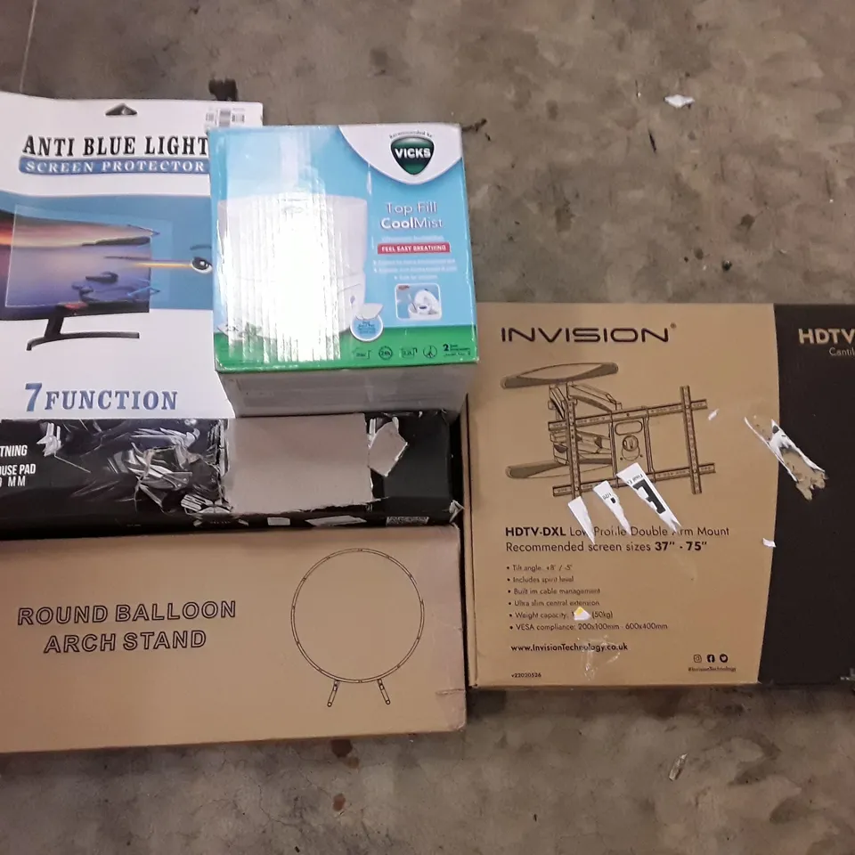 PALLET OF ASSORTED PRODUCTS INCLUDING ROUND BALLOON ARCH STAND, DOUBLE ARM TV MOUNT, GAMING MOUSE PAD, ANTI BLUE LIGHT SCREEN PROTECTOR, VICKS ULTRASONIC HUMIDIFIER  