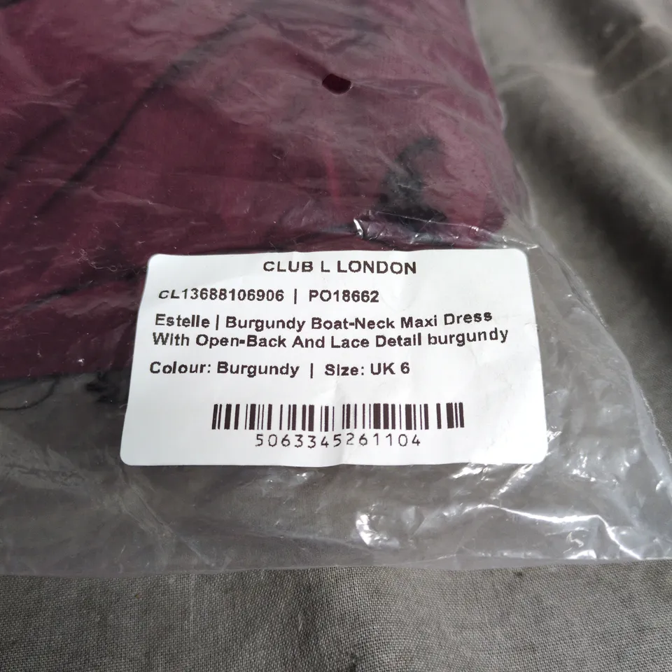 CLUB L LONDON ESTELLE BURGUNDY BOAT NECK MAXI DRESS WITH OPEN BACK UK 6 BAGGED