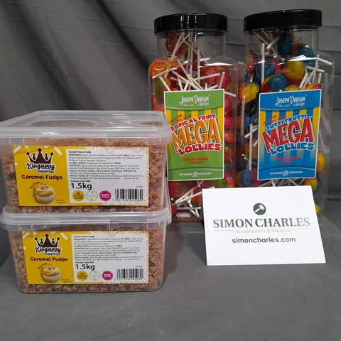 LOT OF 4 TUBS OF SWEETS INCLUDES MEGA LOLLIES AND CARAMEL FUDGE