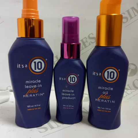 BOX OF 3 ITS A 10 ITEMS INCLUDING MIRACLE LEAVE IN PLUS KERATIN (120ML), MIRACLE LEAVE IN PRODUCT (59.1ML) AND MIRACLE OIL PLUS KERATIN (88.7ML)