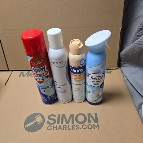 TOTE OF APPROXIMATELY 16 ASSORTED AEROSOL PRODUCTS TO INCLUDE FEBREZE, SANEX, SENSET SKIN CLEANSING FOAM, DYLON SPRAY STARCH EASY IRON ETC