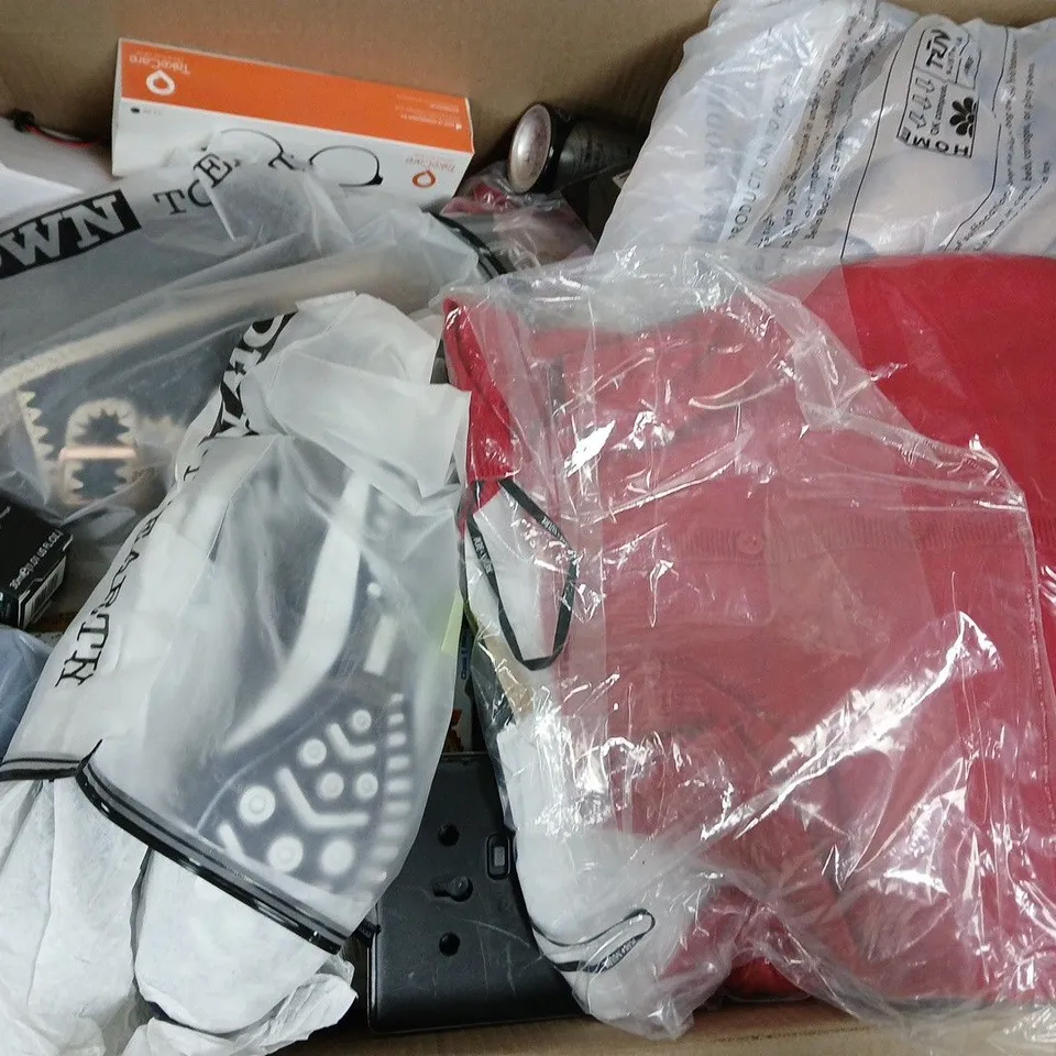 BOX OF APPROXIMATELY 10 ASSORTED HOUSEHOLD ITEMS TO INCLUDE REMOTE CONTROLLED CAR, VARIOUS CLOTHING PRODUCTS, ETC