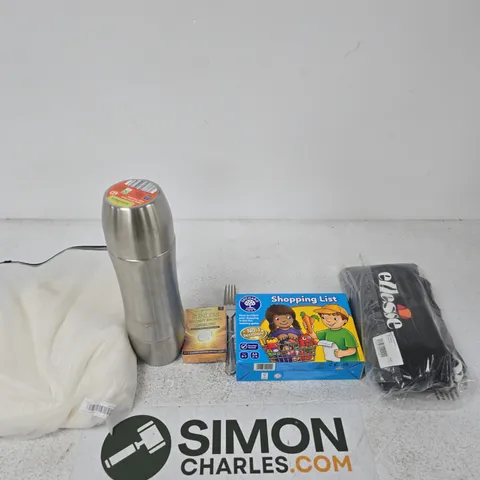 BOX OF APPROXIMATELY 10 ASSORTED ITEMS INCLUDING AN ADVENTURE RIDGE 750ML DRINKS FLASK WITH TWO CUPS, HSKIN SUNLESS INSTANT BRONZE AND FORKS