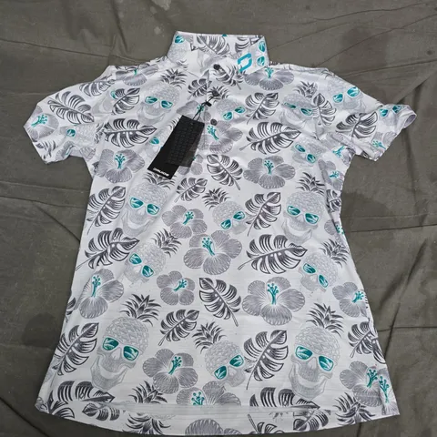 DRUIDS PINEAPPLE POLO SHIRT – WHITE TEAL – SIZE S