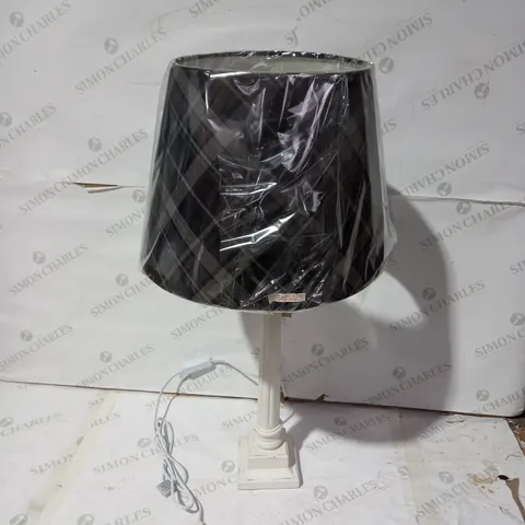 DESIGNER WHITE PILLAR TABLE LAMP WITH TARTAN SHADE