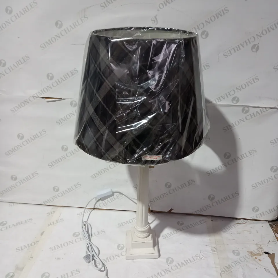 DESIGNER WHITE PILLAR TABLE LAMP WITH TARTAN SHADE
