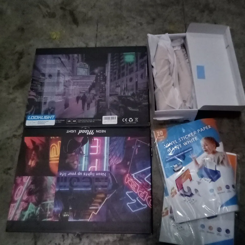 PALLET OF ASSORTED ITEMS INCLUDING BOXED SHOES , NEON LIGHTING , VINYL STICKER PAPER , ETC 