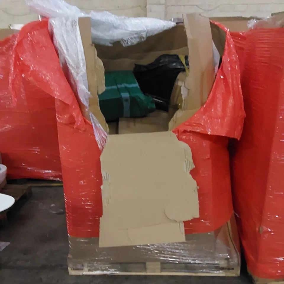 PALLET TO CONTAIN ASSORTED HOUSEHOLD PRODUCTS. INCLUDES SPIN MOP PARTS, TOILET SEAT, LADDER, BOXED FURNITURE ETC