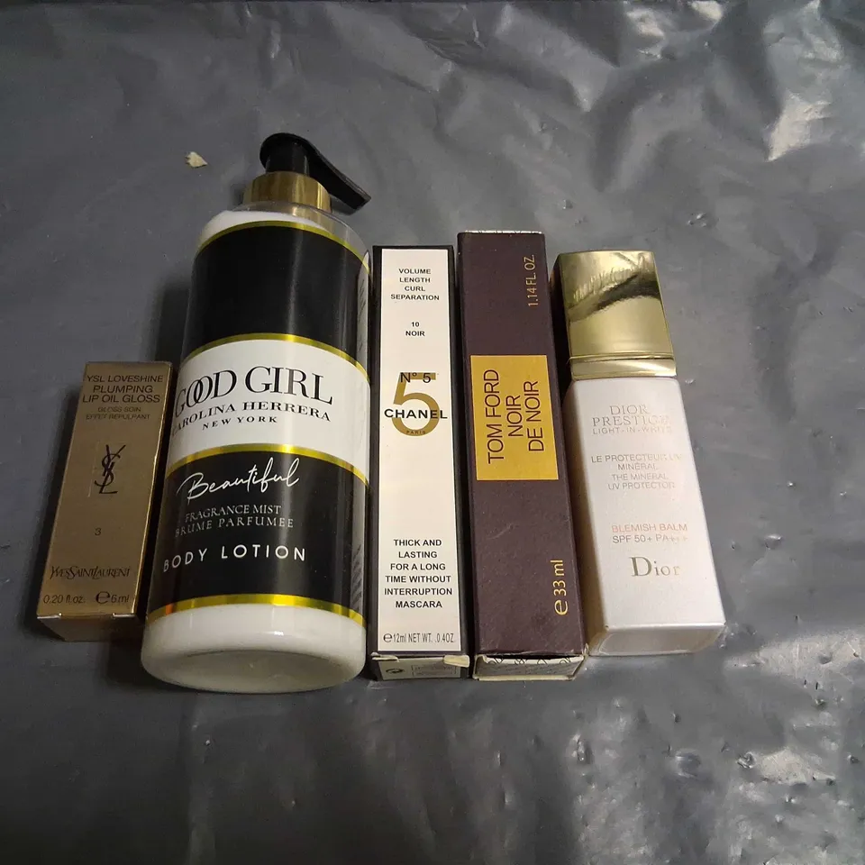 FIVE ASSORTED HEALTH AND BEAUTY PRODUCTS TO INCLUDE; DIOR, CAROLINA HERRERA, YVES SAINT LAURENT, CHANEL AND TOM FORD