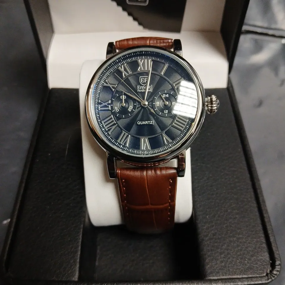ERNEST FERDINAND QUARTZ WATCH – BLUE DIAL, ROMAN NUMERALS, BROWN LEATHER STRAP