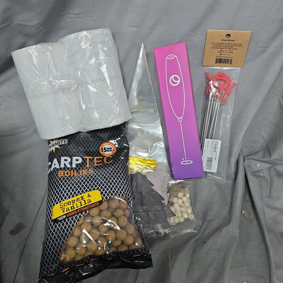 APPROXIMATELY 10 ASSORTED HOUSEHOLD ITEMS TO INCLUDE TITANIUM NAIL STAKES, DYNAMITE CARPTEC BOILES, MILK FROTHER, ETC