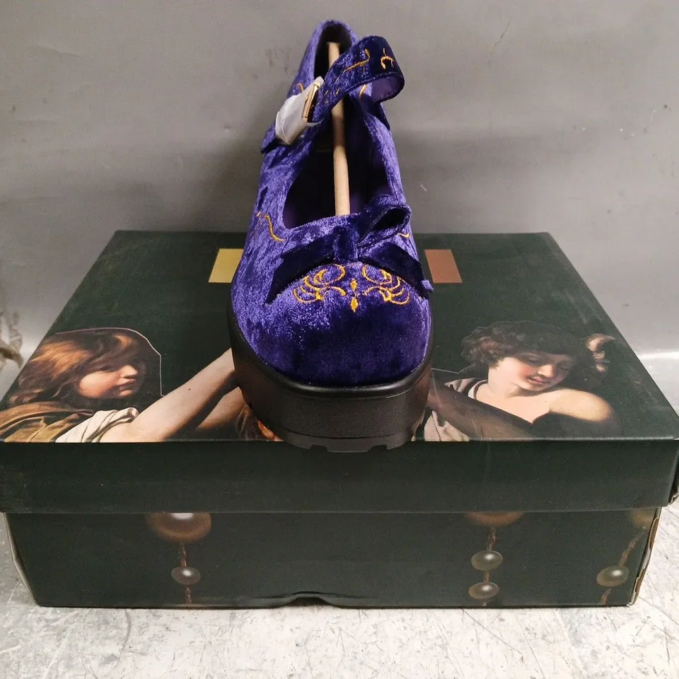 BOXED PAIR OF KOI TIRA VELVET MARY JANES ROYAL MANOR EDITION IN PURPLE SIZE UK 10