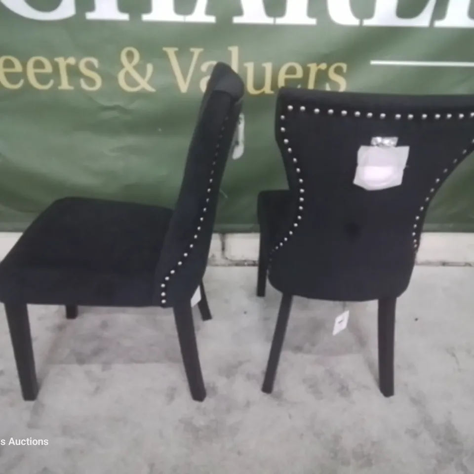 PAIR KENSINGTON BLACK VELVET BUTTONED BACK DINING CHAIRS BLACK LEGS
