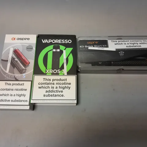 APPROXIMATELY 10 ASSORTED E-CIGARETTES TO INCLUDE ASPIRE K3 QUICK STARTER KIT, VAPORESSO XROS 3, ASPIRE CYBER S, ETC