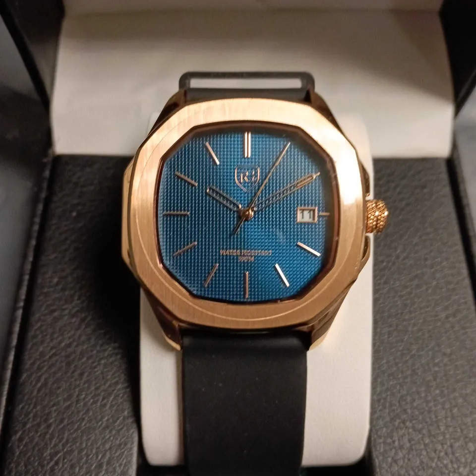 RAYMOND GAUDIN ROSE GOLD TONE WATCH – BLUE DIAL, BLACK STRAP