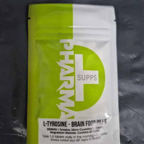 BOX OF APPROXIMATELY 45 PACKS OF PHARMA SUPPS  L-TYROSINE - BRAIN FOOD PILLS (60 TABLETS PER PACK)