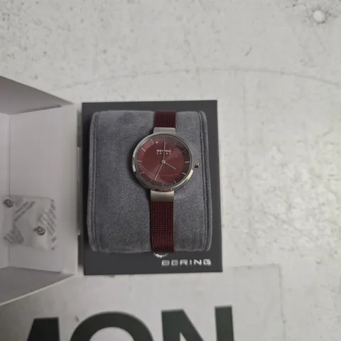 BERING WATCH – RED DIAL, STAINLESS STEEL CASE, RED MESH BRACELET, BOXED