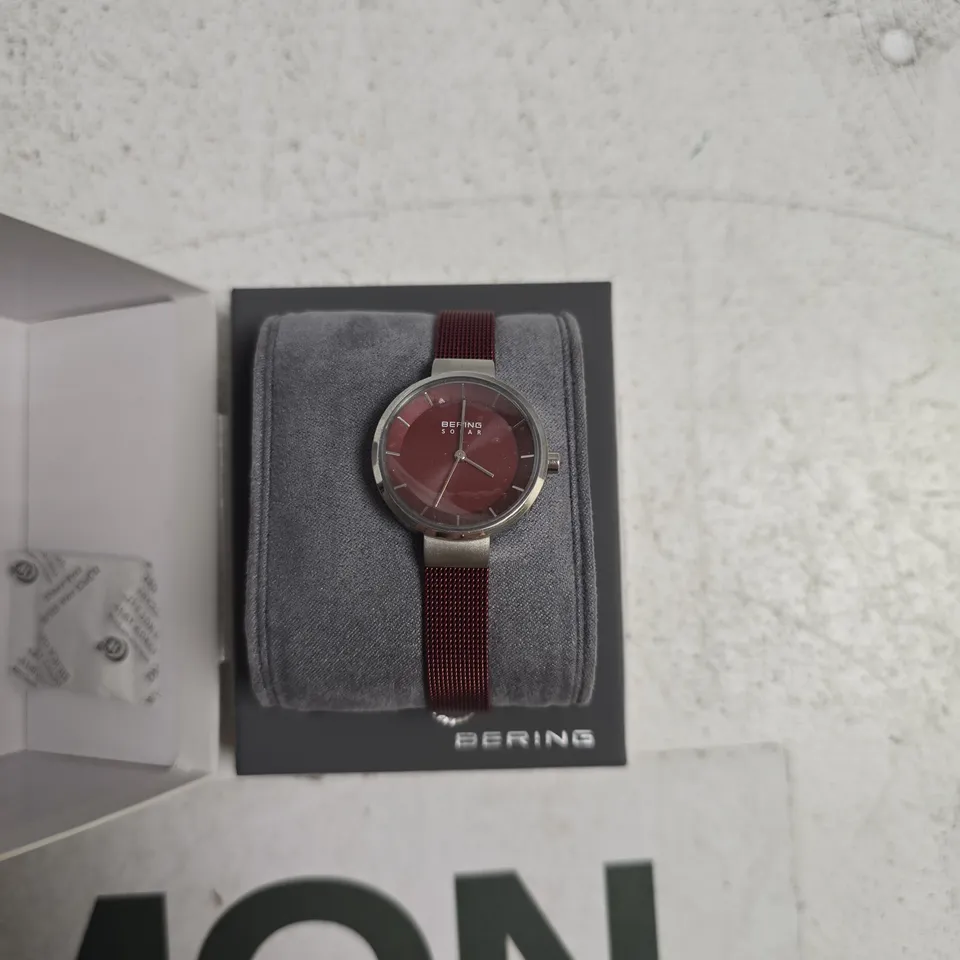 BERING WATCH – RED DIAL, STAINLESS STEEL CASE, RED MESH BRACELET, BOXED