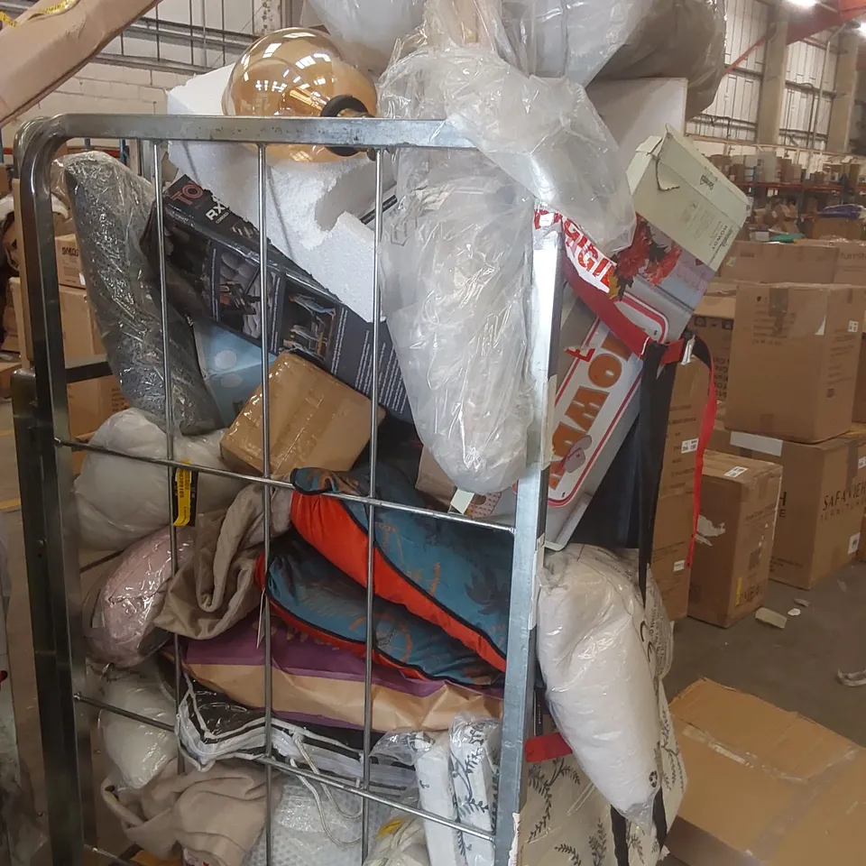 CAGE CONTAINING A VERY LARGE QUANTITY OF ASSORTED ITEMS INCLUDING: LAMP, VACUUM, CUSHION, CURTAINS, BASKET ECT // CAGE NOT INCLUDED