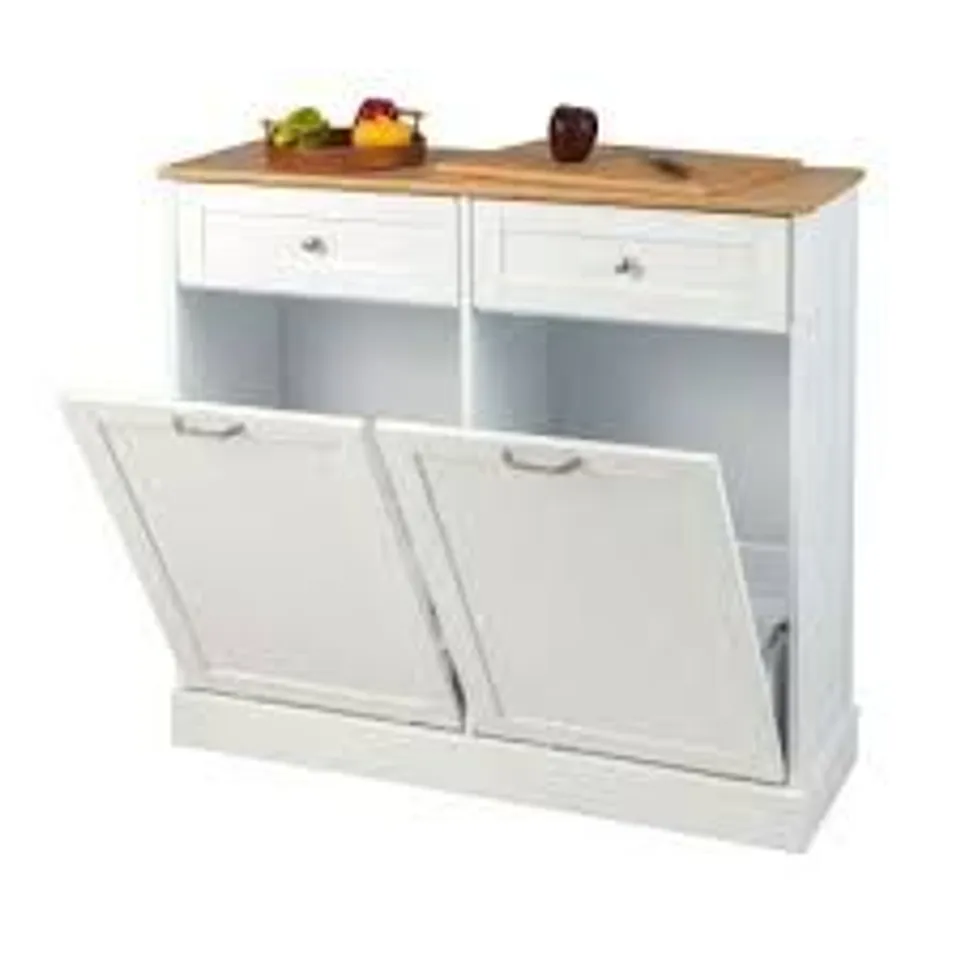 BOXED COSTWAY SELF-SUPPORTING KITCHEN WASTE BIN STAND WITH 2 TILT DOORS LINEN CABINET WITH BAMBOO CUTTING BOARD IN WHITE (1 BOX)