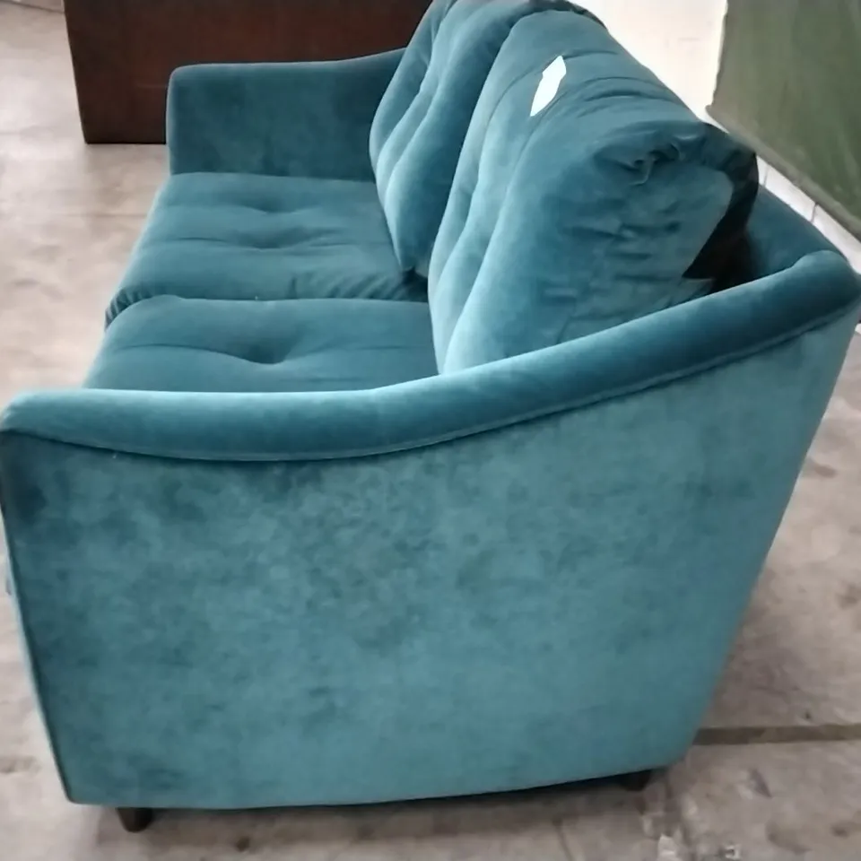 QUALITY BRITISH DESIGNER G PLAN MANUFACTURED NANCY SMALL SOFA - MATT VELVET TEAL FABRIC 
